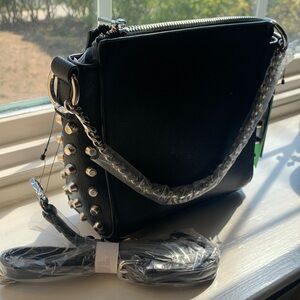 Black Faux Leather Studded Crossbody Bag with Chain